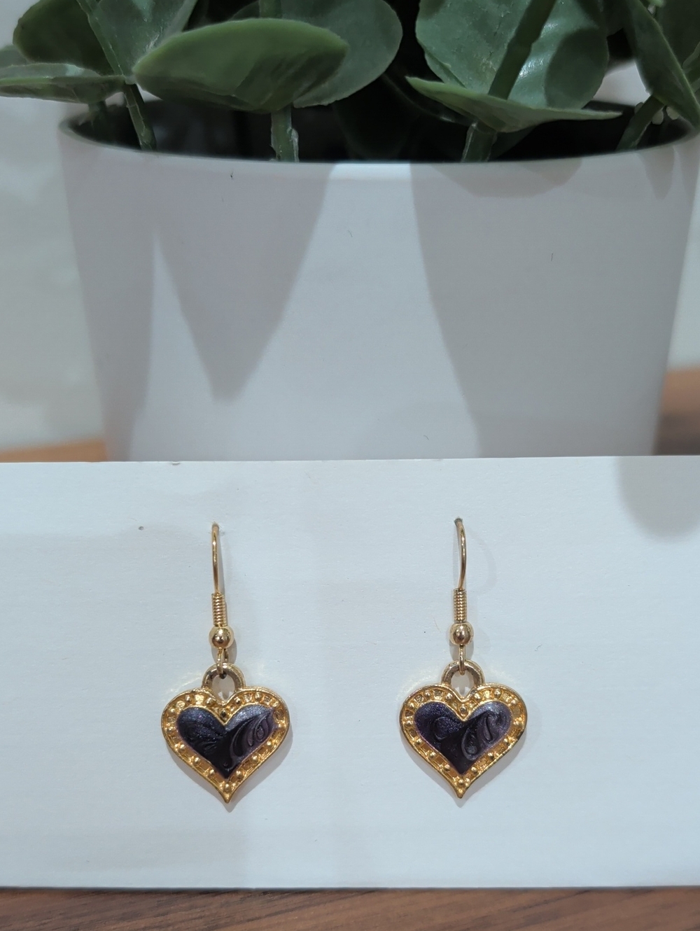 Gold Tone Heart Drop Earrings with Black Inlay - Women Jewelry